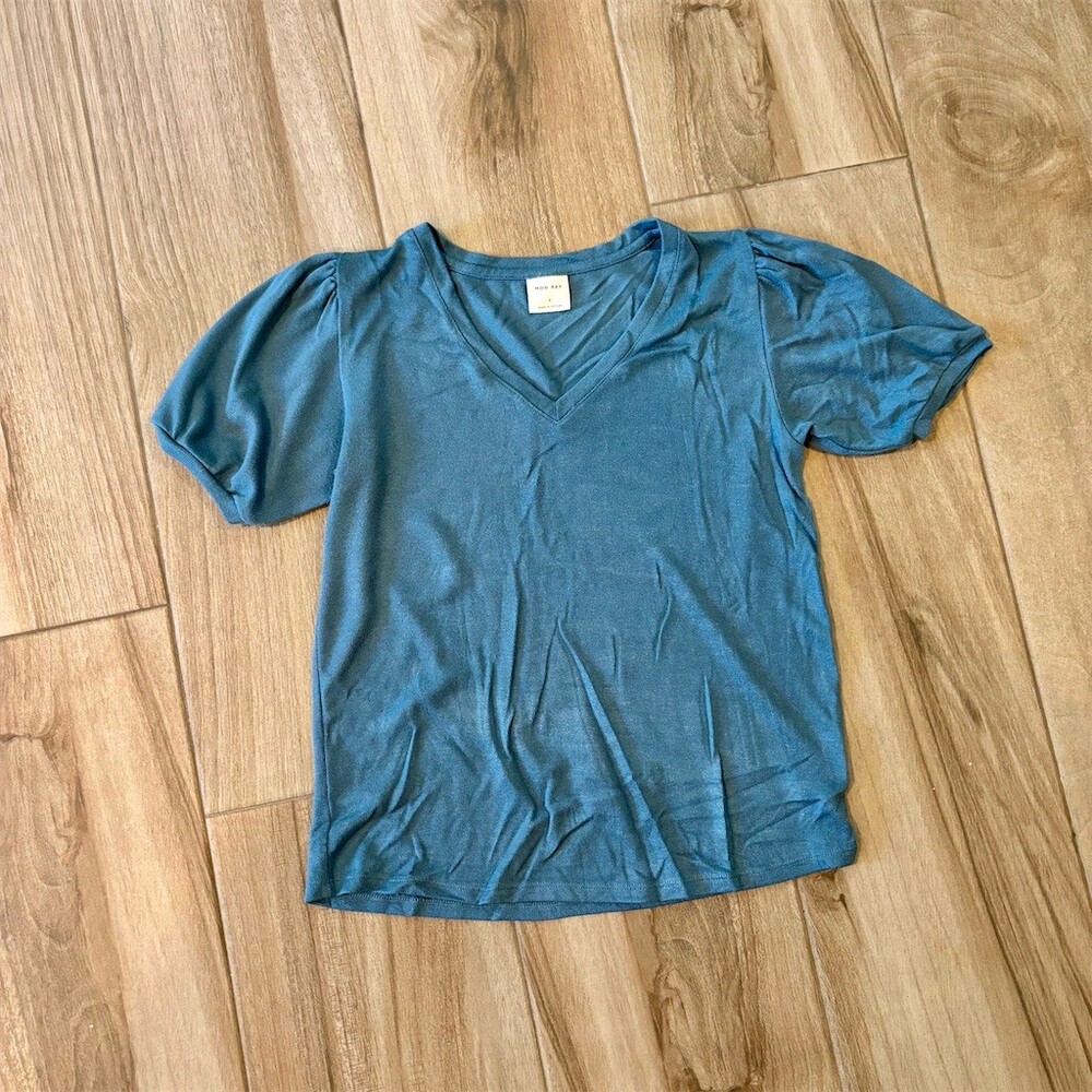 Mod Ref Blouse Womens Size S Blue Solid V-Neck Puff Short Sleeve Knit Top